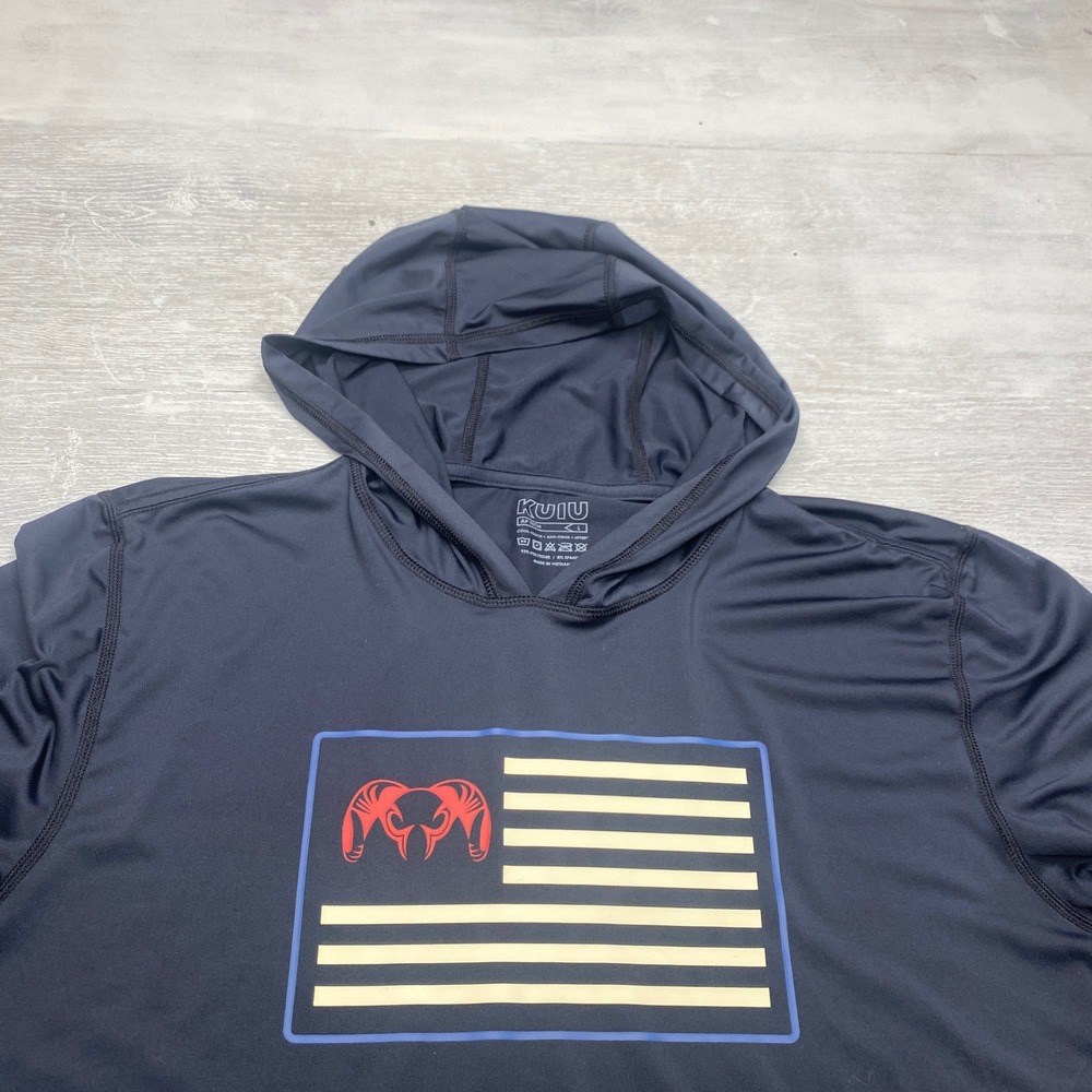 Kuiu AP Tech Hoodie Mens L Black Flag Graphic UPF 50+ Sun Shirt Long Sleeve